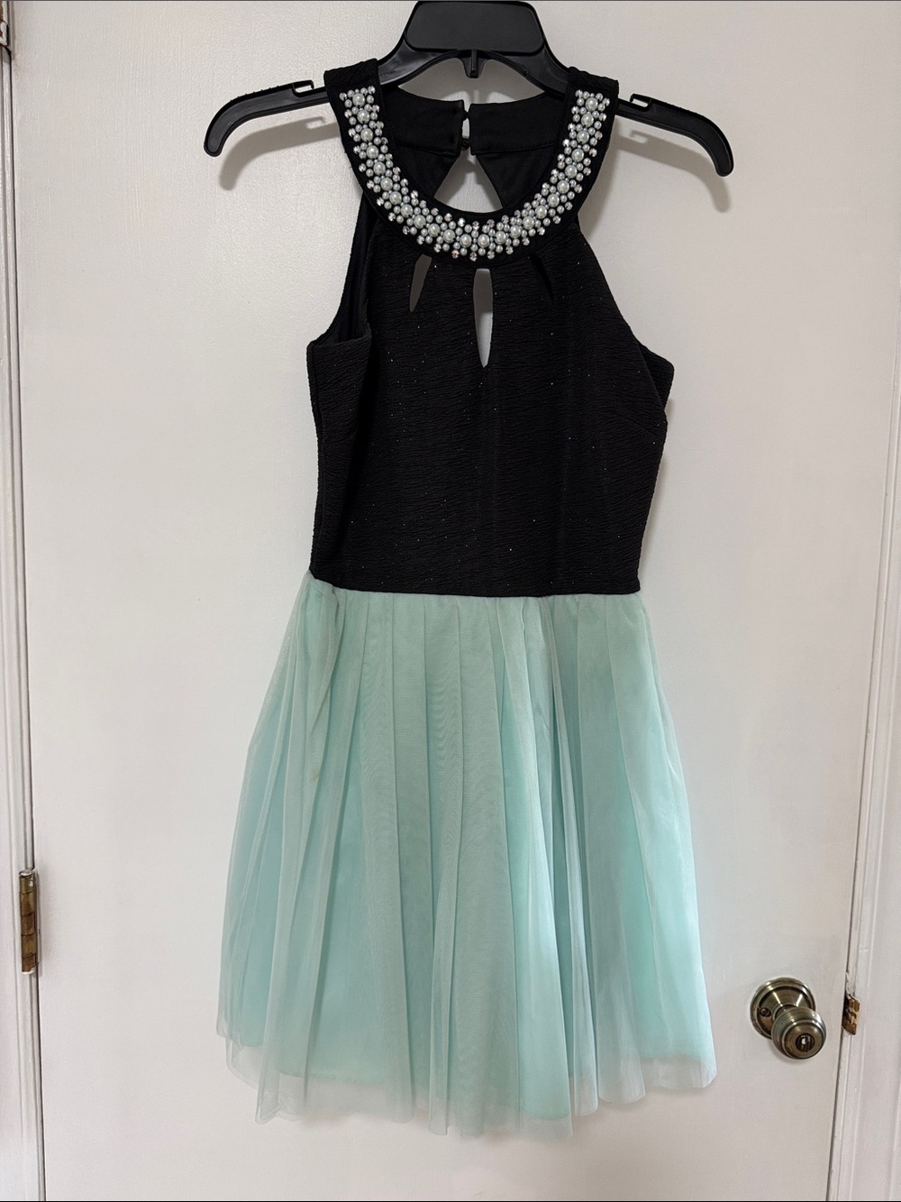 Black & Mint Pearl-Trimmed Party Dress